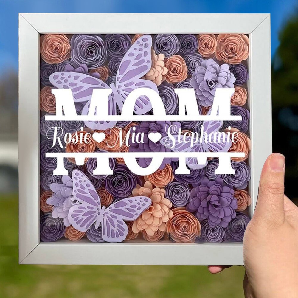 Personalized Mom Flower Shadow Box with Kid's Names Mother's Day Gift