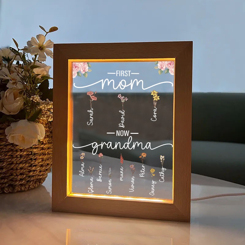 First Mom Now Grandma Personalized Family Birth Flower Night Light with Names Mother's Day Gift