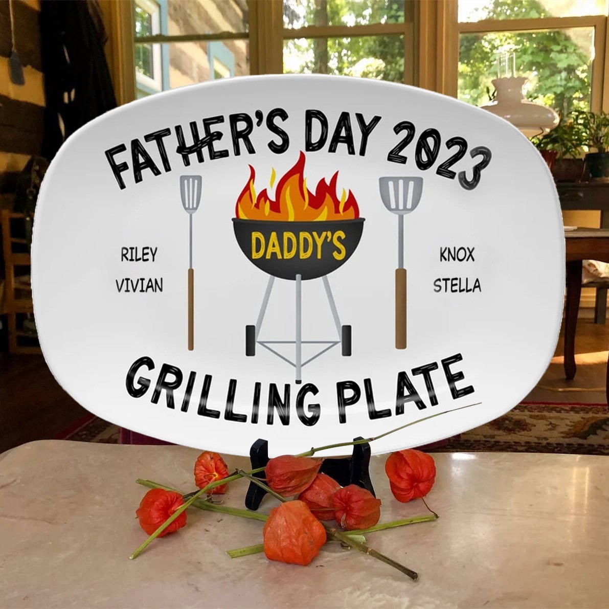 Personalized Grilling Plate with Kids Name for Dad Father's Day Gift