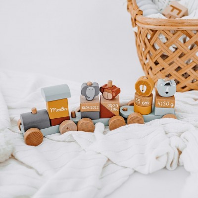 Personalized Wooden Train with Animals Baby Wooden Toys Newborn Gift Christmas Gift