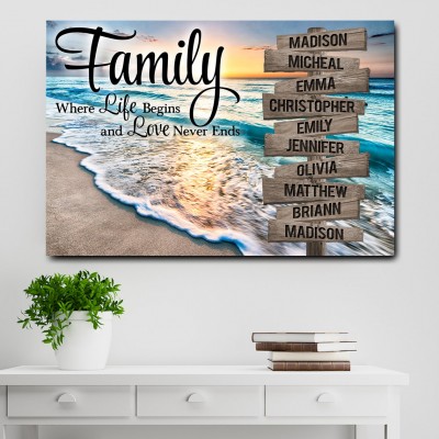 Sunset Beach Family Where Life Begins Love Never Ends Personalized Multi-Names Family Canvas Wall Art