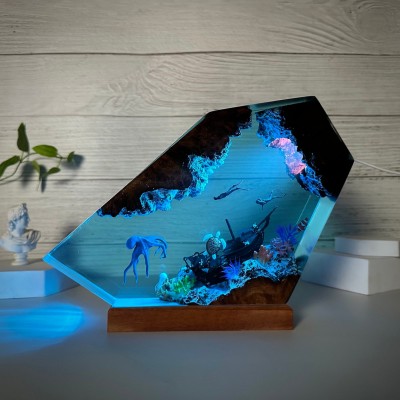 Giant Octopus Turtle and Couple Diver Ocean Resin Lamp