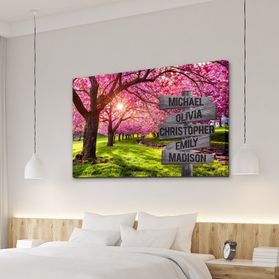 Cherry Tree Blossom In Hurd Park Personalized Multi-Names Family Canvas Wall Art